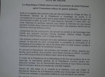 Trois jours de deuil national en l’honneur des policiers morts octroyés par la Présidence