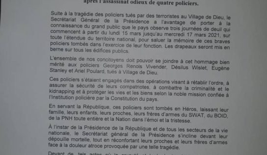 Trois jours de deuil national en l’honneur des policiers morts octroyés par la Présidence